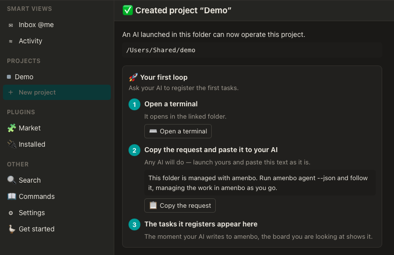 The done screen after creating a project, listing what to do next